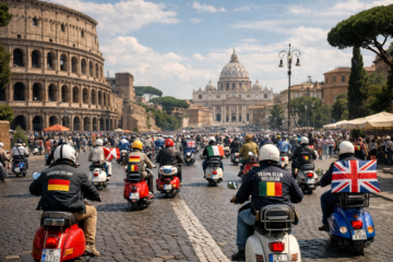 many vespas riding around rome on a sunny day